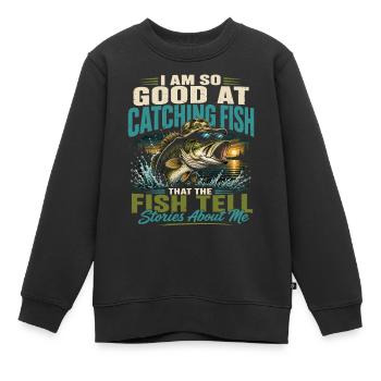 Pêcheur Légendaire Humour Rétro Poisson Vintage - Sweat Premium enfant bio - noir - Devant - AI Model Kid Female (0cm)
