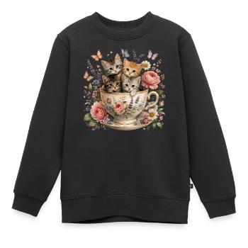 Kätzchen in einer Tasse Tee Vintage-Blumen - Kinder Premium Organic Sweatshirt - Schwarz - Vorne - AI Model Kid Female (0cm)