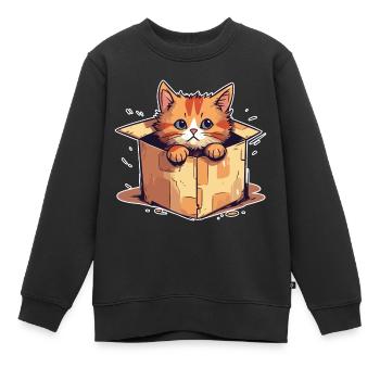 Cat sits in cardboard package funny humor typical - Kids Premium Organic Sweatshirt - black - Front - AI Model Kid Female (0cm)