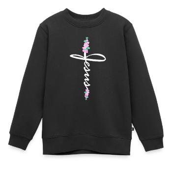 Jesus Kreuz Schriftzug Mit Blumen - Kinder Premium Organic Sweatshirt - Schwarz - Vorne - AI Model Kid Female (0cm)