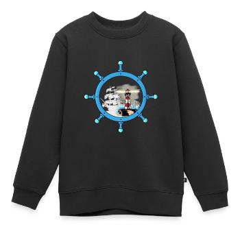 Volant Ghost Ship Lighthouse Maritime Coast - Sweat Premium enfant bio - noir - Devant - AI Model Kid Female (0cm)