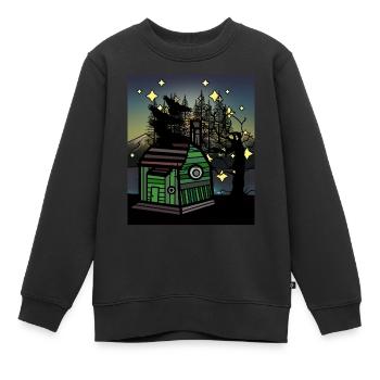 cabane, forêt, corbeaux, habitants de la forêt, vivant, remorque de construction - Sweat Premium enfant bio - noir - Devant - AI Model Kid Female (0cm)