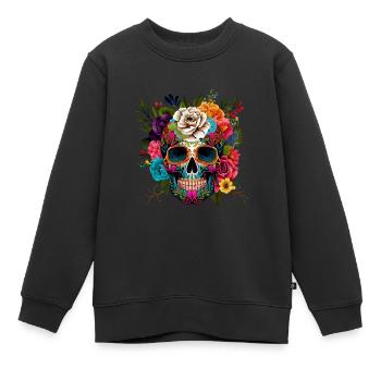 Totenkopf Blumen Bunt - Kinder Premium Organic Sweatshirt - Schwarz - Vorne - AI Model Kid Female (0cm)
