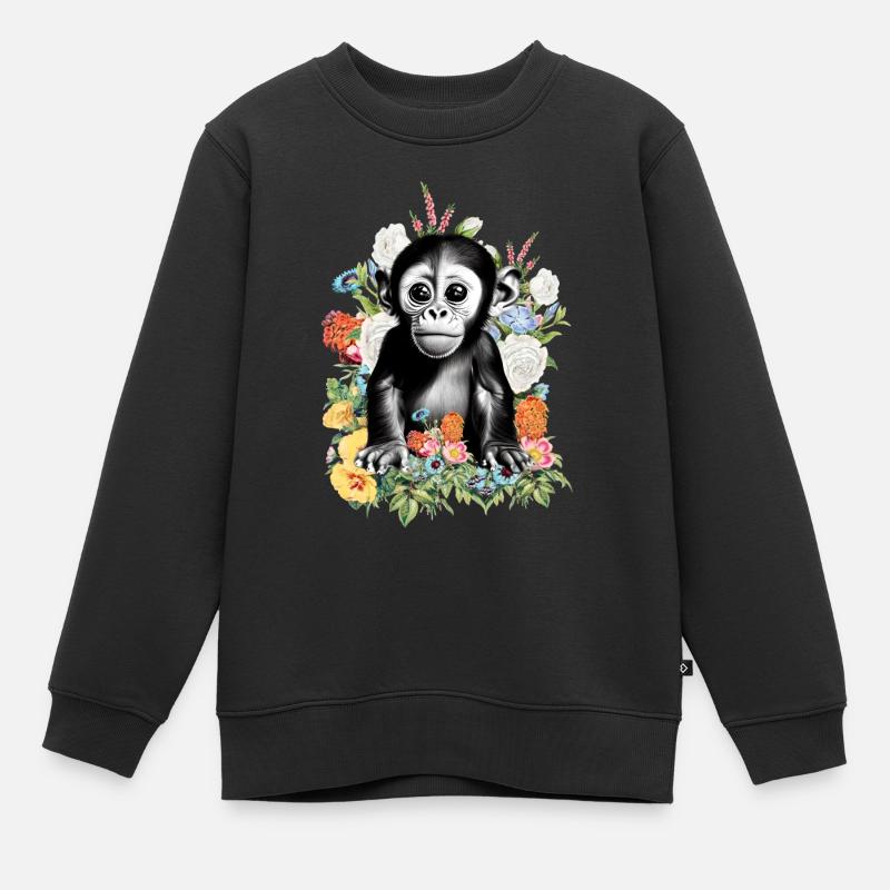 Affe Blumen - Kinder Premium Organic Sweatshirt - Schwarz