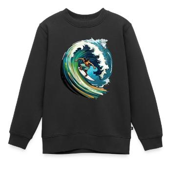 Surfer auf einer großen Welle in einer 2D-Illustra - Kinder Premium Organic Sweatshirt - Schwarz - Vorne - AI Model Kid Female (0cm)