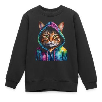 Kat Hoodie Kleurrijk Grappig Dier Design Print - Kinder Premium sweater biologisch - zwart - Voor - AI Model Kid Female (0cm)