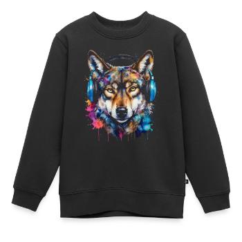 Wolf Kopfhörer Musik Bunt Tier Design Print - Kinder Premium Organic Sweatshirt - Schwarz - Vorne - AI Model Kid Female (0cm)