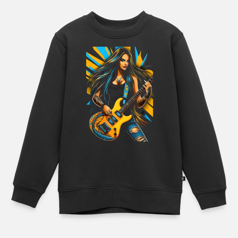 Wilde Gittarendiva mit E-Gitarre - Kinder Premium Organic Sweatshirt - Schwarz