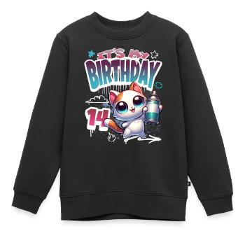 Graffiti de chat 14e anniversaire - Sweat Premium enfant bio - noir - Devant - AI Model Kid Female (0cm)