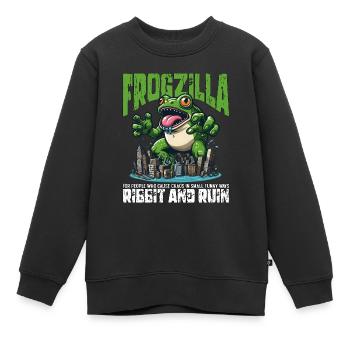 RIBBIT UND RUINE - FROGZILLA - Kinder Premium Organic Sweatshirt - Schwarz - Vorne - AI Model Kid Female (0cm)
