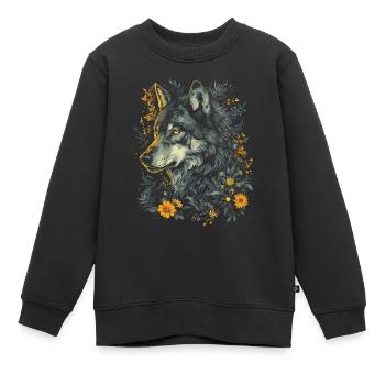Wolf Wolfskopf Blumen Pflanzen Natur Wildnis Kunst - Kinder Premium Organic Sweatshirt - Schwarz - Vorne - AI Model Kid Female (0cm)