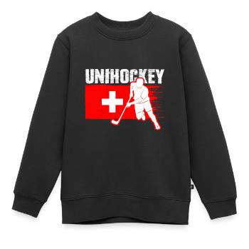 Unihockey Suisse Floorball - Sweat Premium enfant bio - noir - Devant - AI Model Kid Female (0cm)
