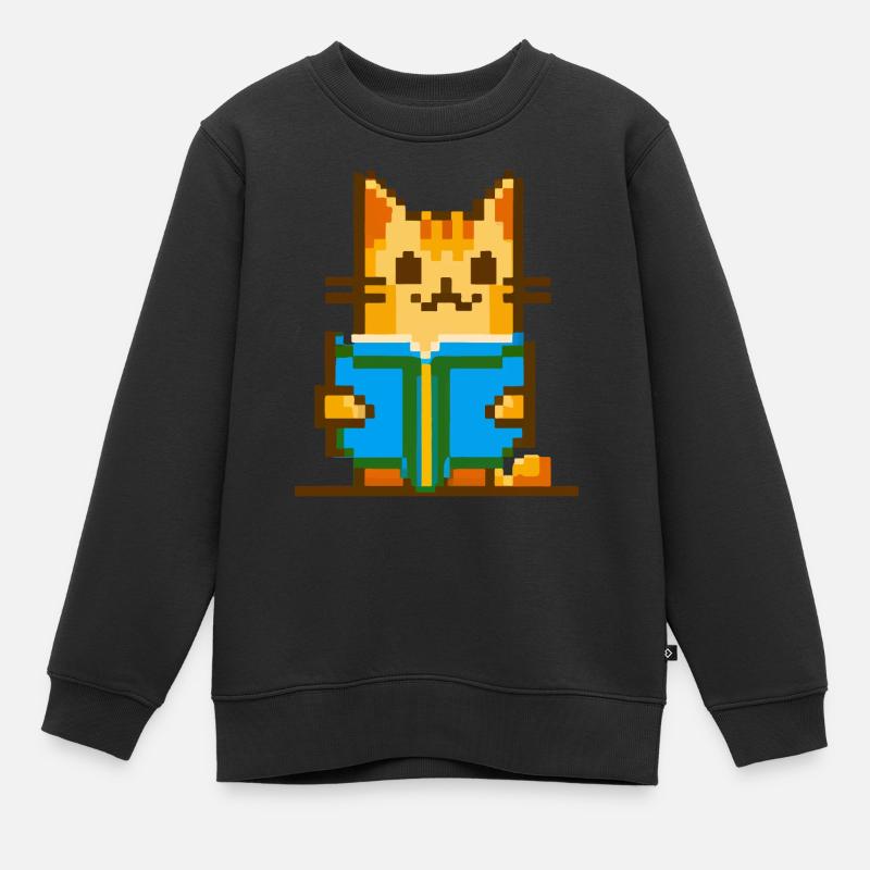 Animal Chat roux pixel art - Sweat Premium enfant bio - noir
