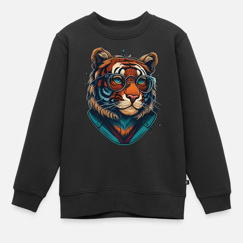 Tiger als Nerd mit Buch - Kinder Premium Organic Sweatshirt - Schwarz
