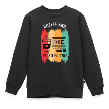 Café et montage vidéo | Découpeur vidéo - Sweat Premium enfant bio - noir - Devant - AI Model Kid Female (0cm)