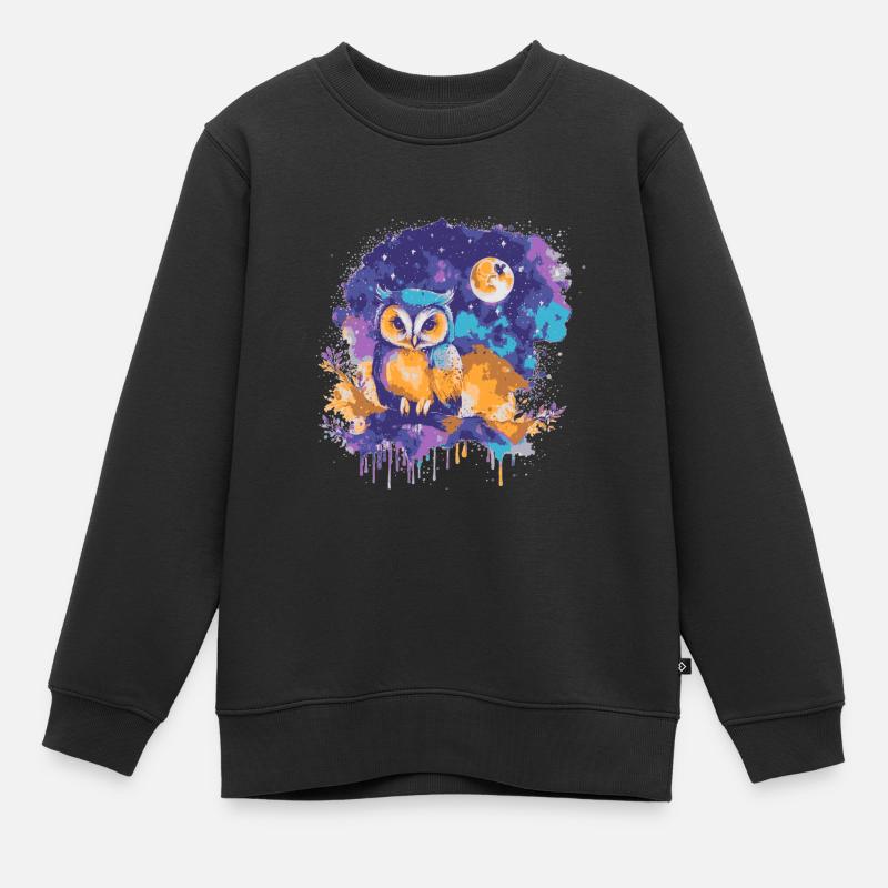 Bunte Eule unter einem Sternenhimmel - Kinder Premium Organic Sweatshirt - Schwarz