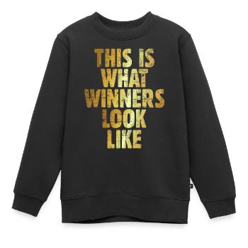 This is what Winners look like Gewinner (Goldgelb) - Kinder Premium Organic Sweatshirt - Schwarz - Vorne - AI Model Kid Female (0cm)