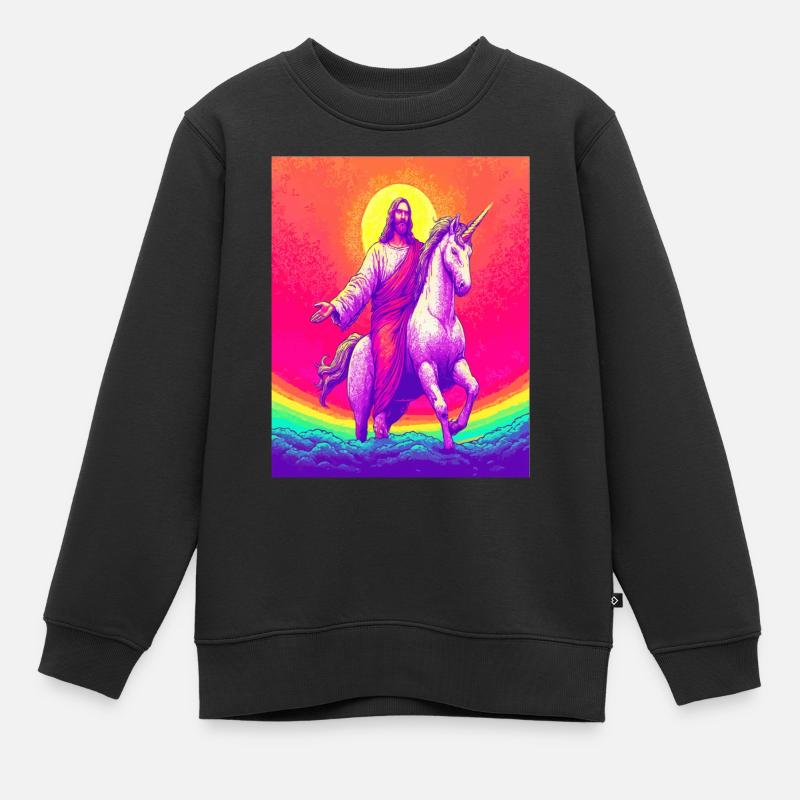 Jesus reitet Einhorn – Regenbogen Fantasy Kunstdesign - Kinder Premium Organic Sweatshirt - Schwarz