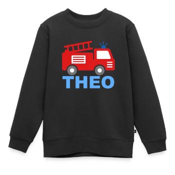 Feuerwehrauto Motiv mit Vorname Theo - Kinder Premium Organic Sweatshirt - Schwarz - Vorne - AI Model Kid Female (0cm)