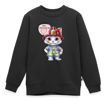 Pompier, je vais te protéger, chat - Sweat Premium enfant bio - noir - Devant - AI Model Kid Female (0cm)
