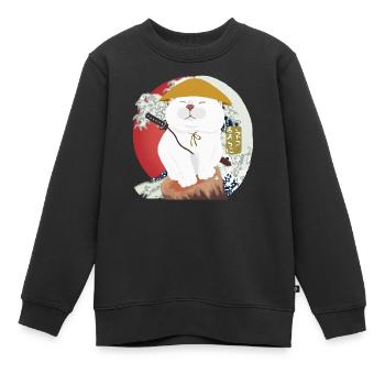 Samurai Katze sitzt auf dem Holz - Kinder Premium Organic Sweatshirt - Schwarz - Vorne - AI Model Kid Female (0cm)
