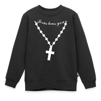 Pendentif avec une croix chrétienne et Jésus vous aime - Sweat Premium enfant bio - noir - Devant - AI Model Kid Female (0cm)