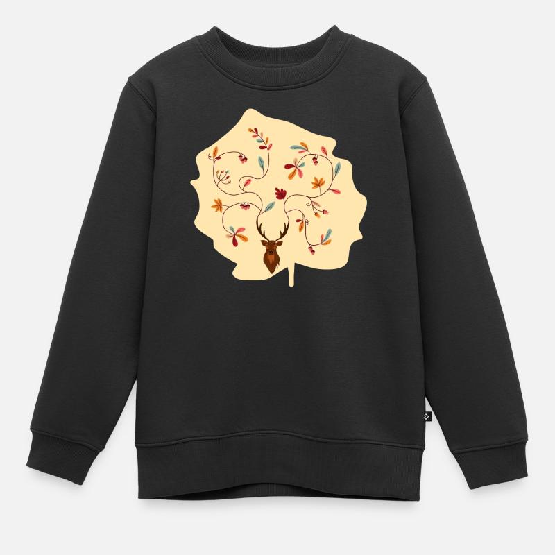 Hirsch im Herbst Geschenk Idee Geweih mit Blättern - Kinder Premium Organic Sweatshirt - Schwarz