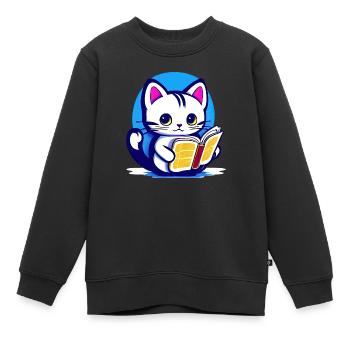 Katze liest ein Buch - Kinder Premium Organic Sweatshirt - Schwarz - Vorne - AI Model Kid Female (0cm)