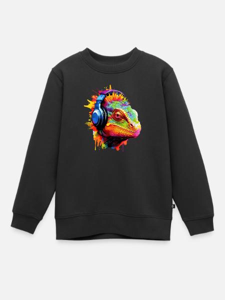 Chamäleon mit Kopfhörer Musik Chamäleons - Kinder Premium Organic Sweatshirt - Schwarz