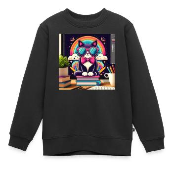 Chat studieux à lunettes - Sweat Premium enfant bio - noir - Devant - AI Model Kid Female (0cm)