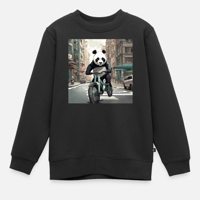 Panda à vélo en ville - Sweat Premium enfant bio - noir