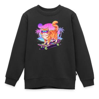 Retro Synthwave Cat Skateboard - Sweat Premium enfant bio - noir - Devant - AI Model Kid Female (0cm)