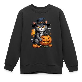 Halloween -Katze Grusel mit Kürbis - Kinder Premium Organic Sweatshirt - Schwarz - Vorne - AI Model Kid Female (0cm)