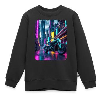 Chrom Motorrad in Neon City - Kinder Premium Organic Sweatshirt - Schwarz - Vorne - AI Model Kid Female (0cm)