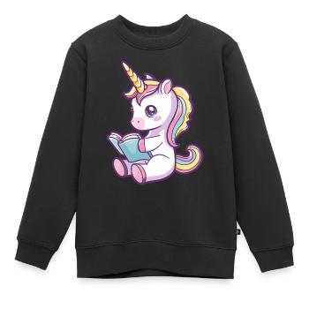 Niedliches Einhorn Cartoon liest ein Buch - Kinder Premium Organic Sweatshirt - Schwarz - Vorne - AI Model Kid Female (0cm)