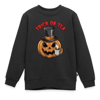 Trick or Tea lustiger Halloweenkürbis mit Teetasse - Kinder Premium Organic Sweatshirt - Schwarz - Vorne - AI Model Kid Female (0cm)