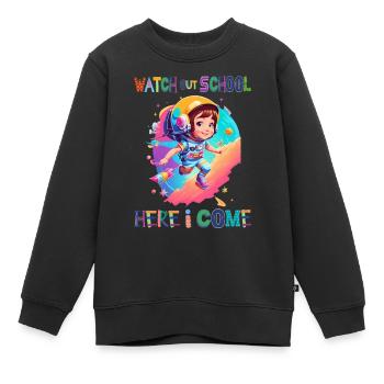 Attention à l’école - me voilà / Astronaute fille - Sweat Premium enfant bio - noir - Devant - AI Model Kid Female (0cm)