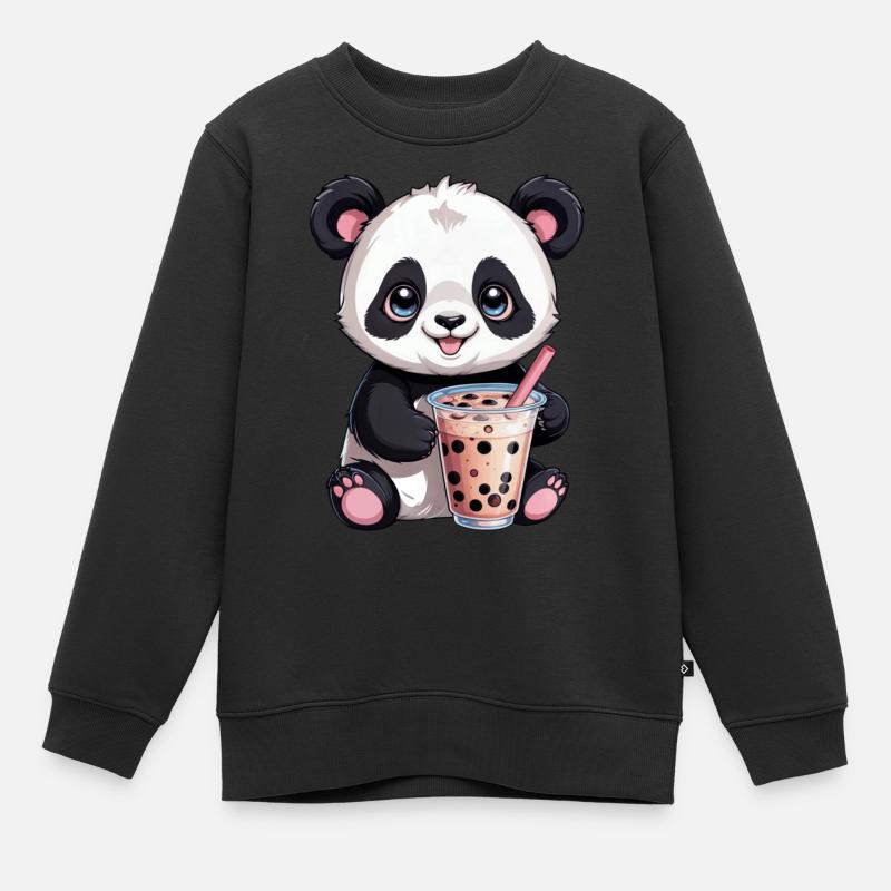 Panda mignon buvant un bubble tea - Sweat Premium enfant bio - noir
