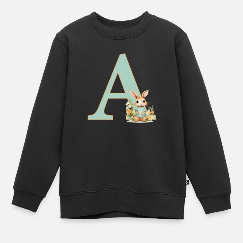 Lettre A, Monogramme, Fleurs, Lapin - Sweat Premium enfant bio - noir