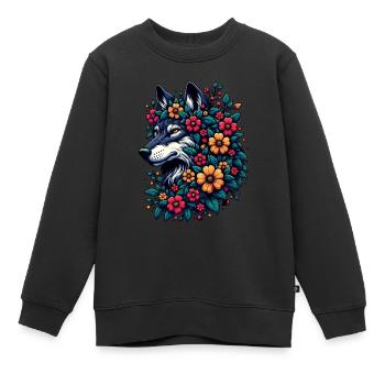 Loup avec des fleurs motif animal coloré Fleurs de loup gris - Sweat Premium enfant bio - noir - Devant - AI Model Kid Female (0cm)
