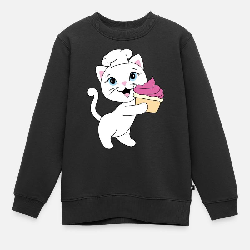 Mignon chat blanc porte un cupcake - Sweat Premium enfant bio - noir