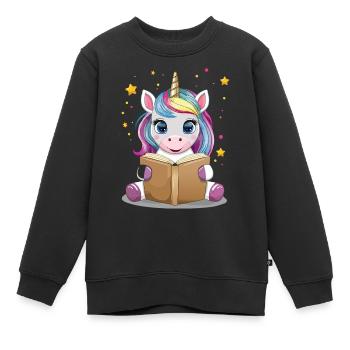 Süßes Kawaii Einhorn liest Buch Vektor DesignBesch - Kinder Premium Organic Sweatshirt - Schwarz - Vorne - AI Model Kid Female (0cm)
