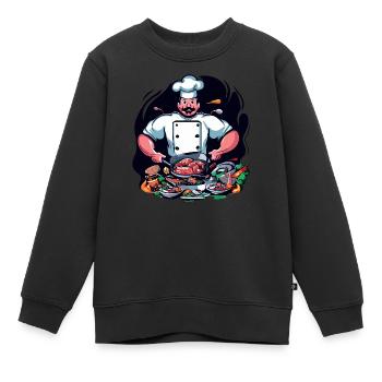 COOLES TSHIRT. EIN KOCH, DER EINE GROSSE MAHLZEIT ZUBEREITET - Kinder Premium Organic Sweatshirt - Schwarz - Vorne - AI Model Kid Female (0cm)