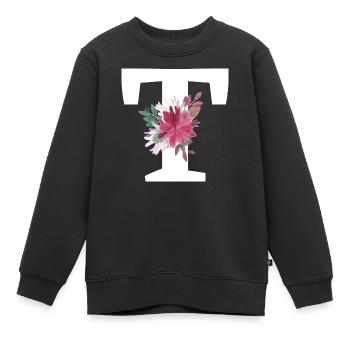 Lettre t floral - Sweat Premium enfant bio - noir - Devant - AI Model Kid Female (0cm)