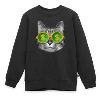 Chat d’argent riche avec des lunettes de signe de dollar - Sweat Premium enfant bio - noir - Devant - AI Model Kid Female (0cm)
