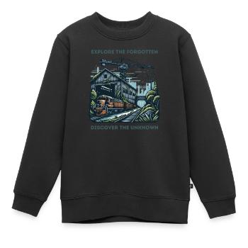 "Explore the forgotten, discover the unknown" - Kids Premium Organic Sweatshirt - black - Front - AI Model Kid Female (0cm)