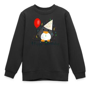 Pingouin « Joyeux anniversaire » - Sweat Premium enfant bio - noir - Devant - AI Model Kid Female (0cm)