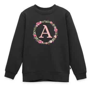 A Monogram, Flower Wreath, Personalizable - Kids Premium Organic Sweatshirt - black - Front - AI Model Kid Female (0cm)