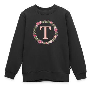 T Monogram, Couronne de fleurs, Personnalisable - Sweat Premium enfant bio - noir - Devant - AI Model Kid Female (0cm)