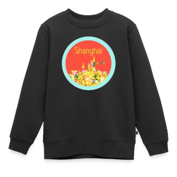 Sticker Shanghai rouge jaune - Sweat Premium enfant bio - noir - Devant - AI Model Kid Female (0cm)